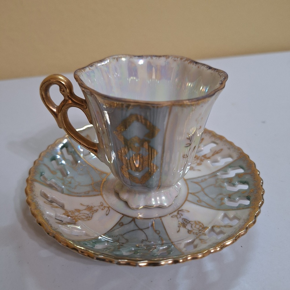 Vintage 1950 Lusterware Demitasse Cup Saucer Gold Trim Reticulated Japan‎